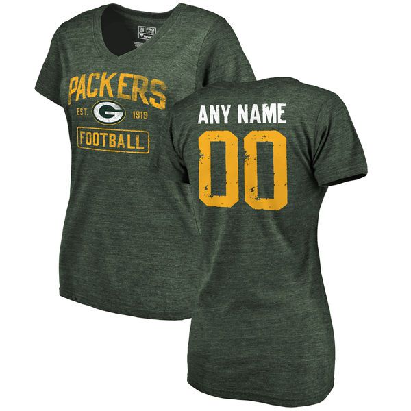 Women Green Bay Packers Green Distressed Custom Name and Number Tri-Blend V-Neck NFL T-Shirt